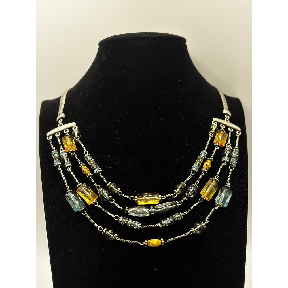 Axcess Liz Claiborne Multi Strand Beaded Necklace Amber Teal Silver‎ Tone 15"